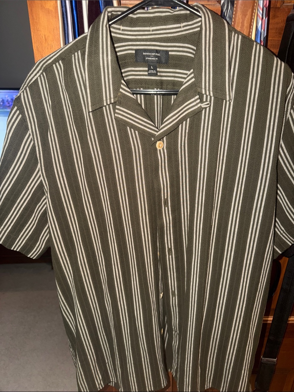 Banana Republic Olive & White Vertical Stripe Short Sleeve Button Shirt